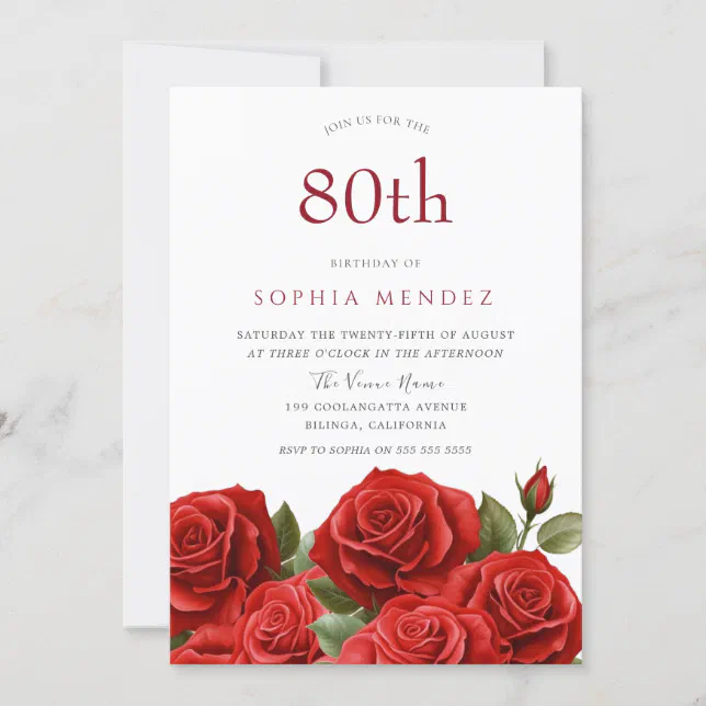 Vibrant Red Roses 80th Birthday Party Invitation | Zazzle