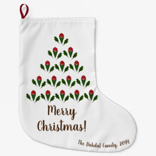 Vibrant Red Roses, Holly Christmas Tree & Wish Large Christmas Stocking