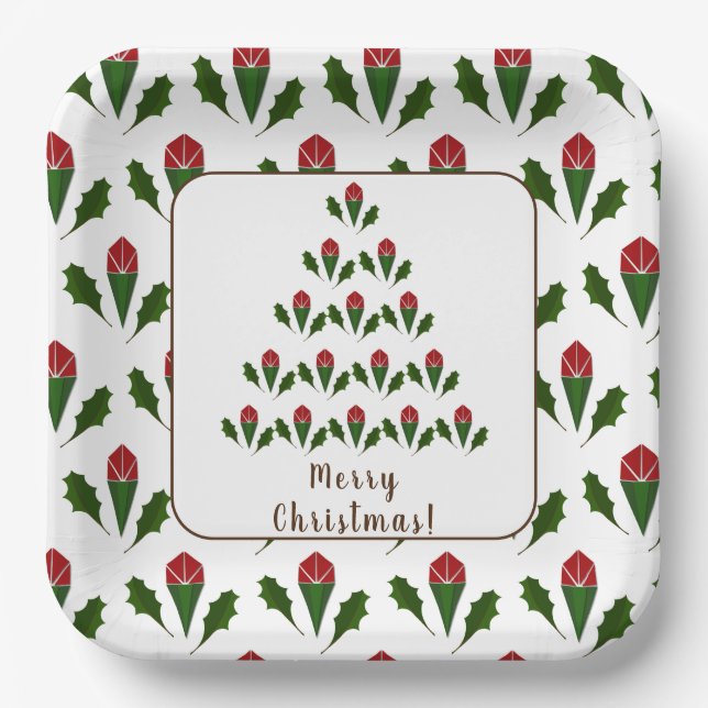 Vibrant Red Roses, Holly Christmas Tree & Wish Paper Plates (Front)