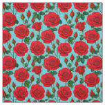 Vibrant Red Roses on a Light Blue Background Fabric