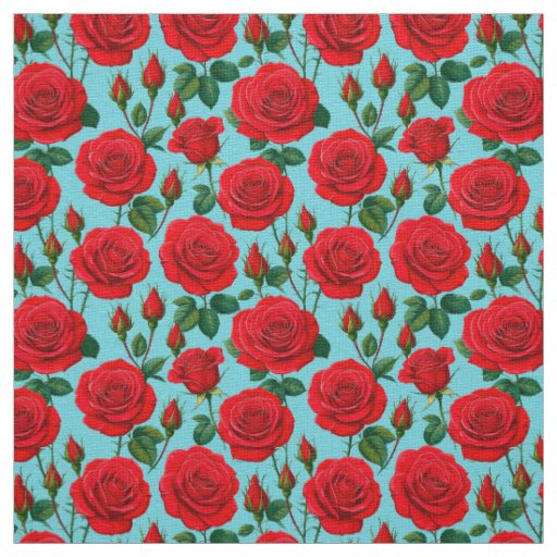 Vibrant Red Roses on a Light Blue Background Fabric