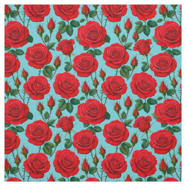 Vibrant Red Roses on a Light Blue Background Fabric (Swatch)