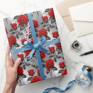 Vibrant Red Roses On A Metallic Silver Background  Wrapping Paper