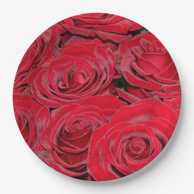 Vibrant Red Roses Paper Plates (Front)