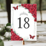 Vibrant Red Roses Silver Butterflies Birthday Table Number<br><div class="desc">Personalize this lovely table number easily and quickly,  simply press the customize it button to further re-arrange and format the style and placement of the text.  Perfect for Sweet 16,  18th birthday,  quinceanera and more occasions!  Matching items available in store!  (c) The Happy Cat Studio</div>