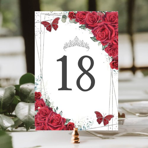 Vibrant Red Roses Silver Butterflies Birthday Table Number
