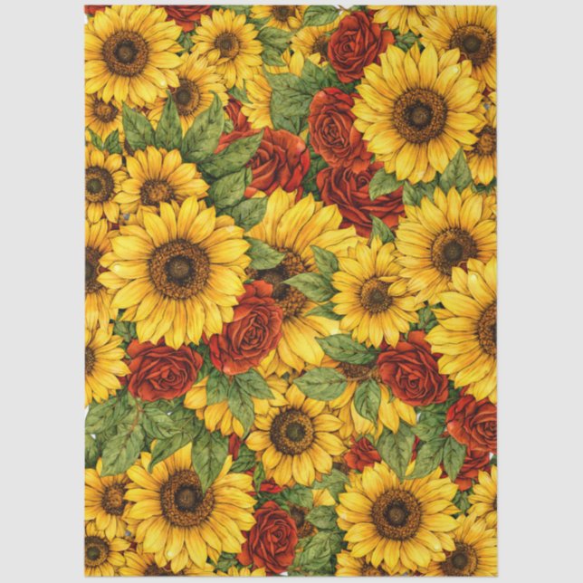 Vibrant Red Roses & Sunflowers Decoupage Tissue Paper (Front)
