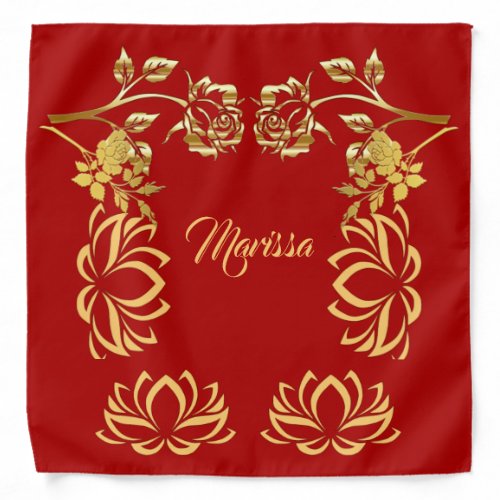 Vibrant Red Rustic Roses Lotus Gold Faux Elegant  Bandana