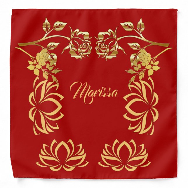 Vibrant Red Rustic Roses Lotus Gold Faux Elegant  Bandana (Front)