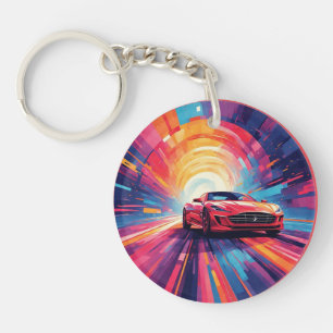 Vibrant Red Sports Car in a Dynamic Spiral Design Keychain