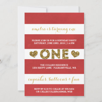 Vibrant Red Stripes First Birthday Party Invitation
