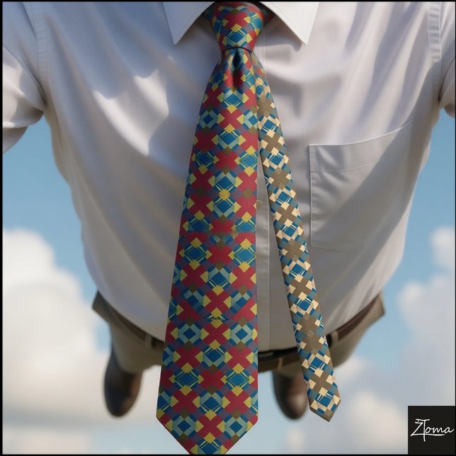 Vibrant Red Teal Woven Diamond Pattern Neck Tie (Creator Uploaded)