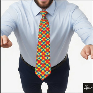 Vibrant Red Teal Yellow Woven Pattern Neck Tie