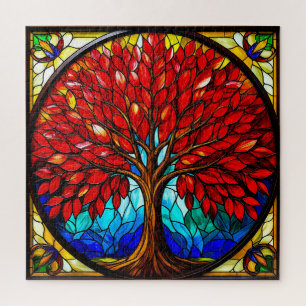 Vibrant Red Tree Stained Glass Art Jigsaw Puzzle