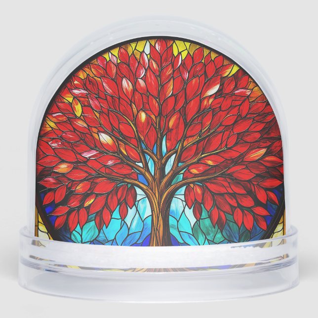 Vibrant Red Tree Stained Glass Art Snow Globe (Front)