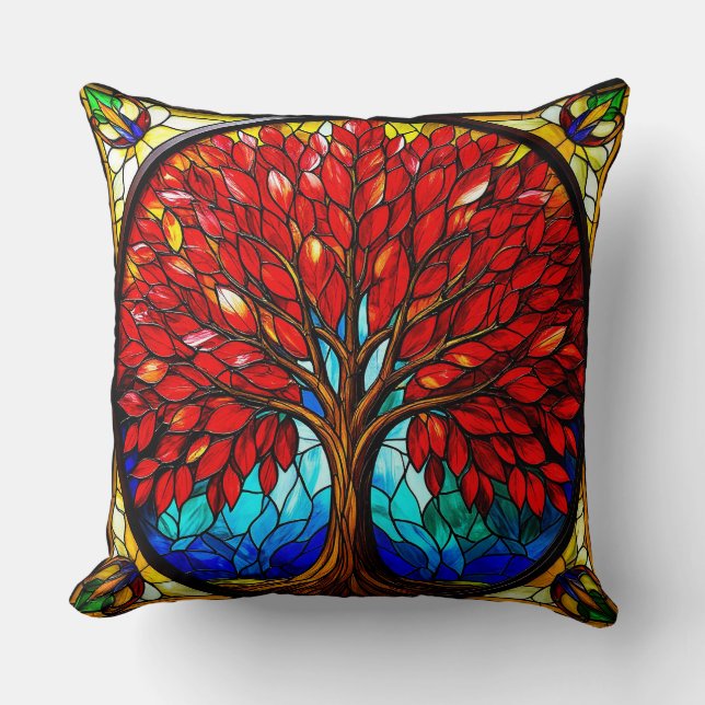 Vibrant Red Tree Stained Glass Art Throw Pillow (Front)