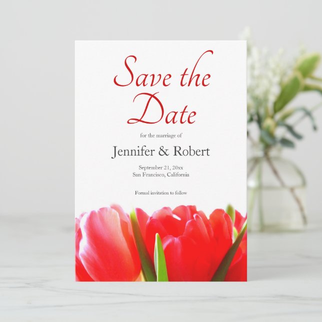 Vibrant Red Tulips Save the Date Invitation (Standing Front)