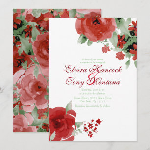Vibrant Red Watercolor Rose, Wedding Invitations