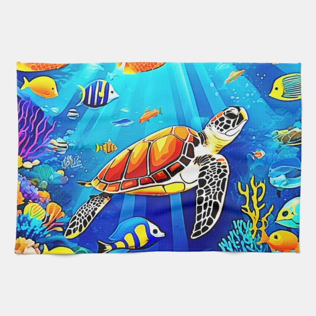 Vibrant Reef: Turtle's Underwater Realm Kitchen Towel (Horizontal)