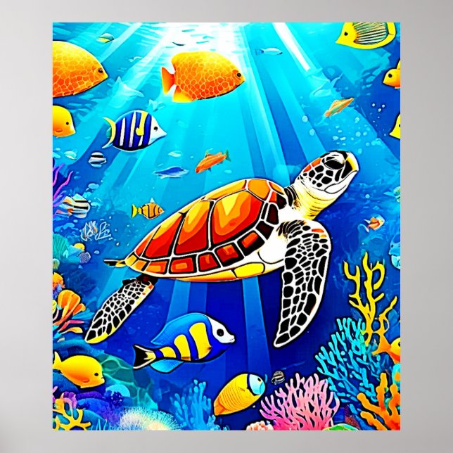 Vibrant Reef: Turtle's Underwater Realm Poster (Front)
