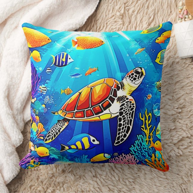 Vibrant Reef: Turtle's Underwater Realm Throw Pillow (Blanket)