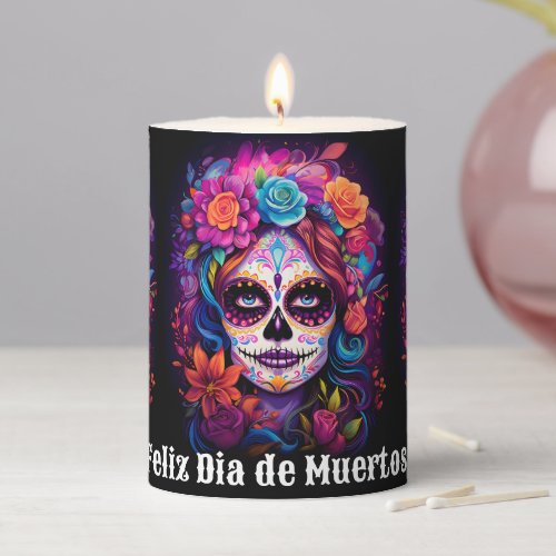 Vibrant Remembrance Lady Catrina in Bloom Pillar Candle
