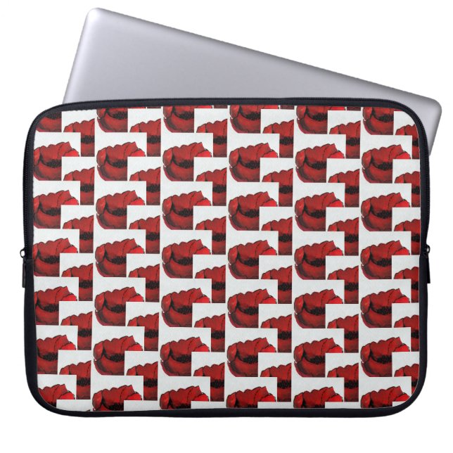 Vibrant Repeating Pattern Red White Black Poppies Laptop Sleeve (Front)