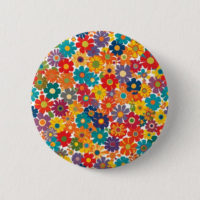Vibrant Retro 60s Daisy Flower Power Pattern Button (Front)