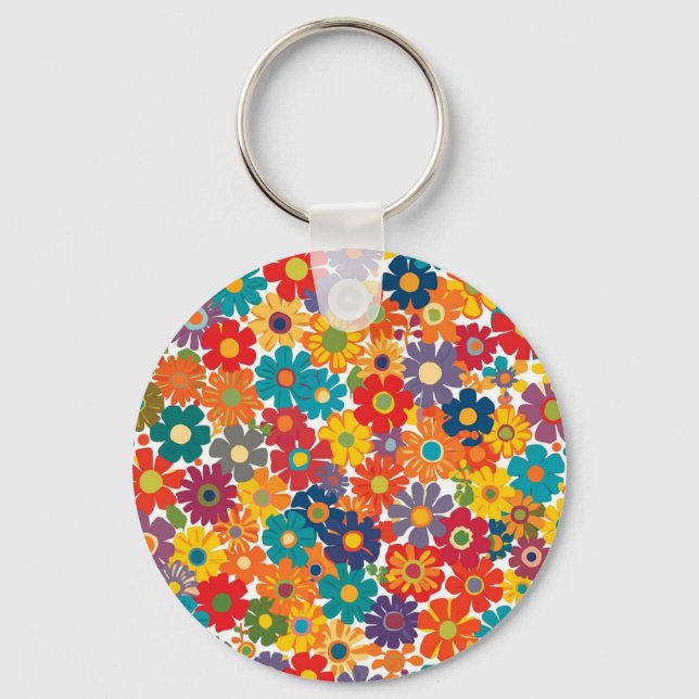 Vibrant Retro 60s Daisy Flower Power Pattern Keychain (Front)