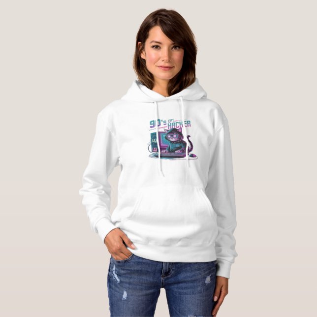 Vibrant Retro 90s Cat Hacker Hoodie (Front Full)