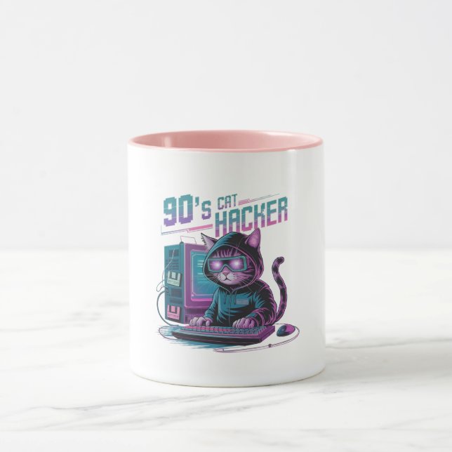 Vibrant Retro 90s Cat Hacker Mug (Center)