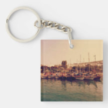 Vibrant retro coral sunset Bodrum harbor shore