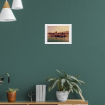 Vibrant retro coral sunset Bodrum harbor shore