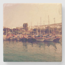 Vibrant retro coral sunset Bodrum harbor shore
