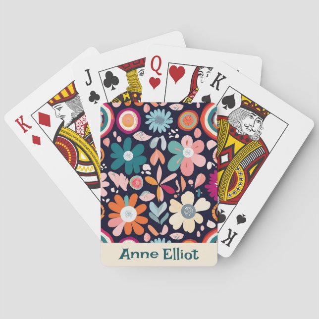 Vibrant Retro Floral and Geometric Pattern Poker Cards (Back)