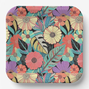Vibrant Retro Floral Burst Paper Plates