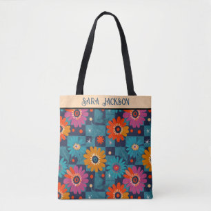 Vibrant Retro Floral Pattern with Teal Squares Tote Bag