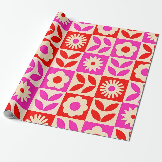 Vibrant Retro Floral Pattern Wrapping Paper (Unrolled)