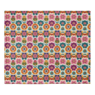 Vibrant RETRO Folk Art Flowers 70s Floral Pattern Duvet Cover