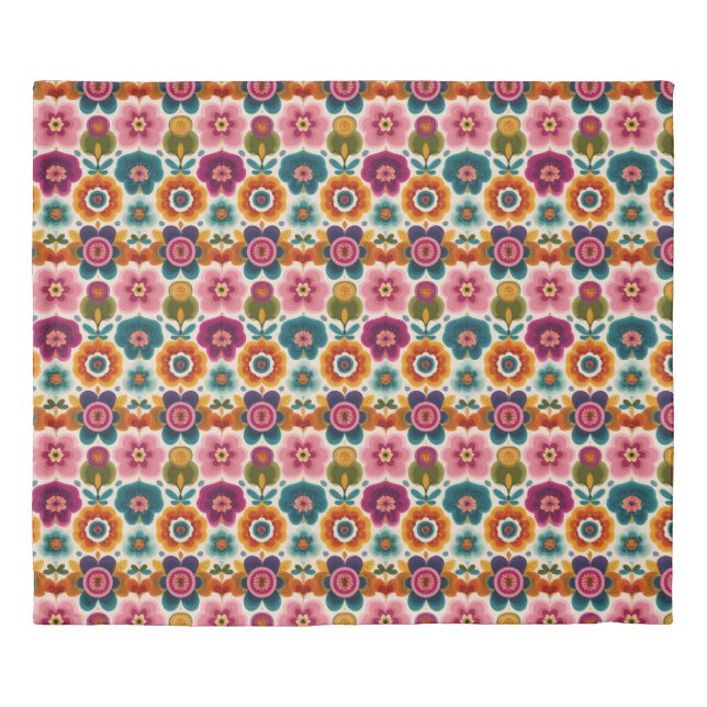 Vibrant RETRO Folk Art Flowers 70s Floral Pattern Duvet Cover (Front)