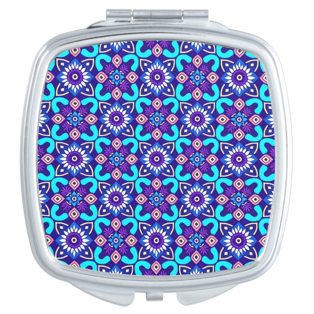 Vibrant Retro Geometric Floral Pattern Compact Mirror (Front)