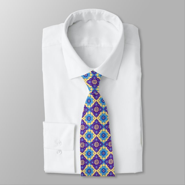 Vibrant Retro Geometric Floral Pattern Neck Tie (Tied)