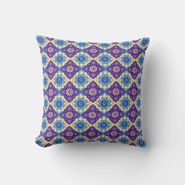 Vibrant Retro Geometric Floral Pattern Throw Pillow (Front)