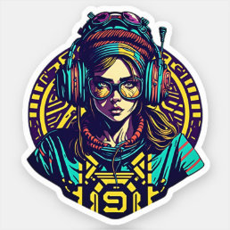 Vibrant Retro Groove: Cool Girl with Headphones Sticker