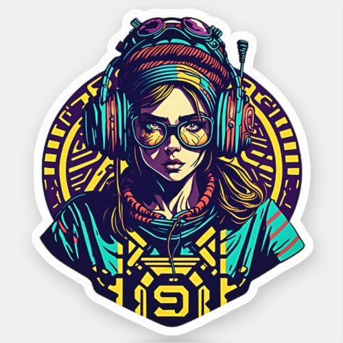 Vibrant Retro Groove Cool Girl with Headphones Sticker