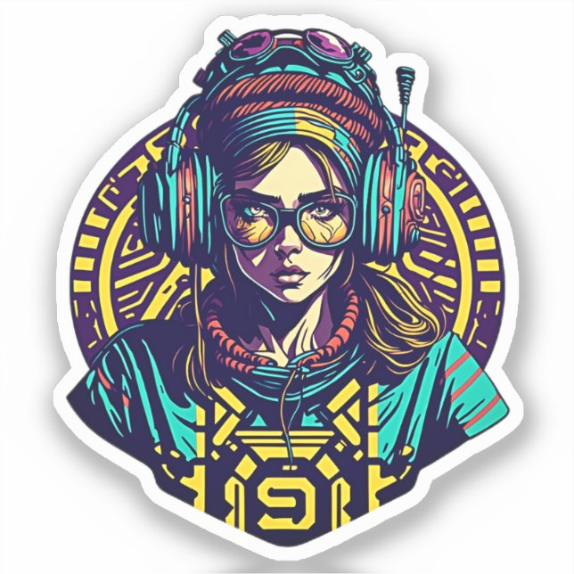 Vibrant Retro Groove: Cool Girl with Headphones Sticker (Front)