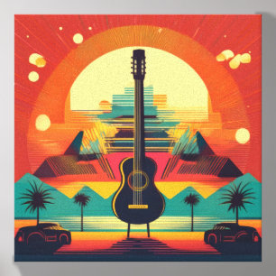 Vibrant Retro Guitar Sunset Artwork Canvas Photo Tile