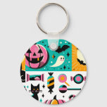 Vibrant Retro Halloween Collage Pink Pumpkin Black Keychain