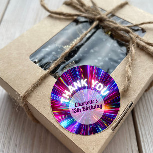 Vibrant Retro Neon Glowing Pink Purple Thank You Classic Round Sticker