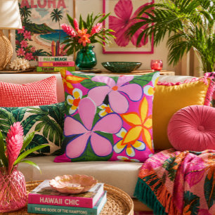 Vibrant Retro Plumeria Pop Art Pink Yellow Throw Pillow